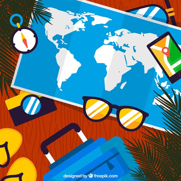 Mapa y elementos de vacaciones de verano con diseño plano