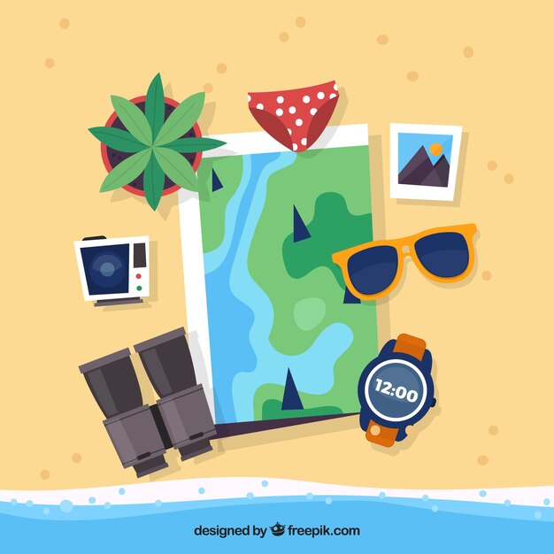 Mapa y elementos de vacaciones de verano con diseño plano