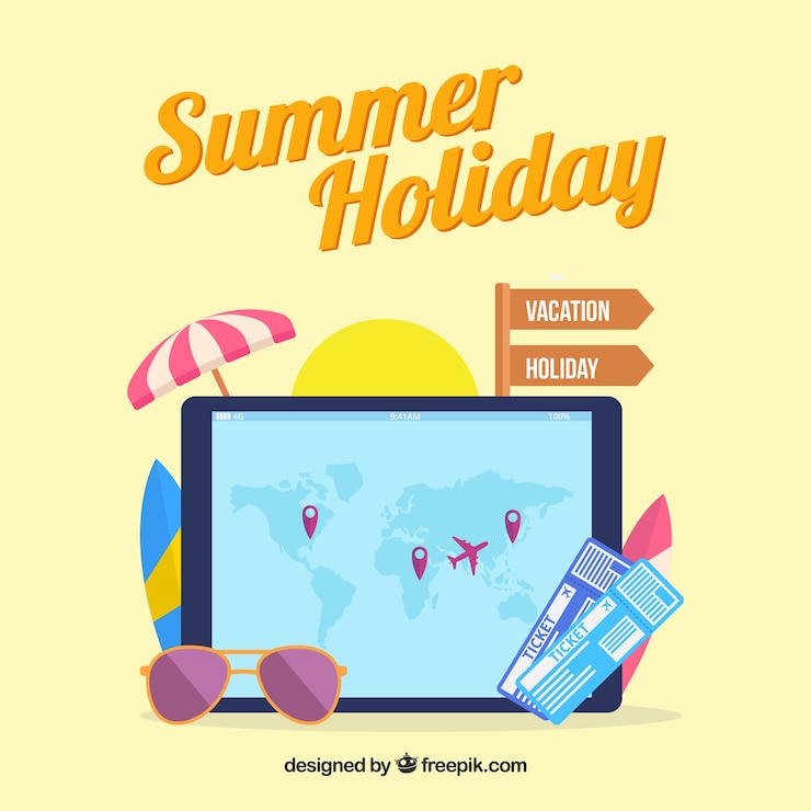 Vector gratuito mapa y elementos de vacaciones de verano con diseño plano