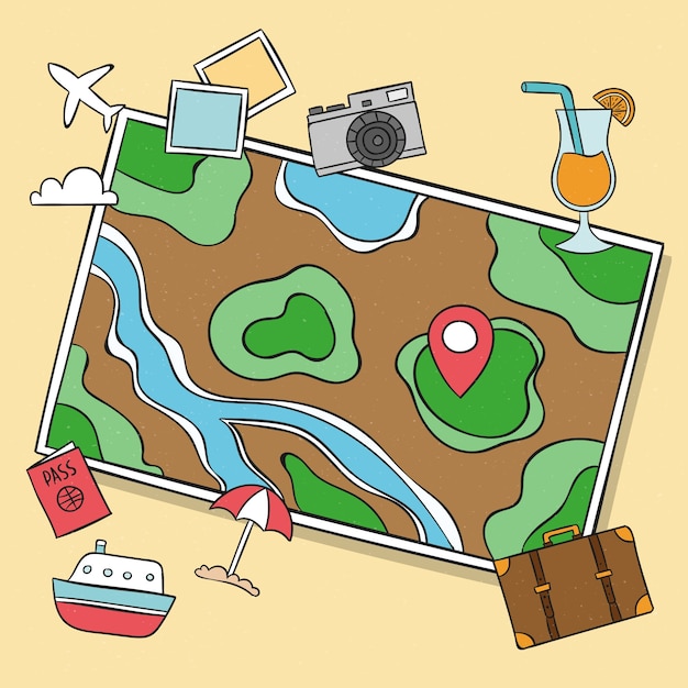 Vector gratuito mapa con elementos de viaje dibujado a mano