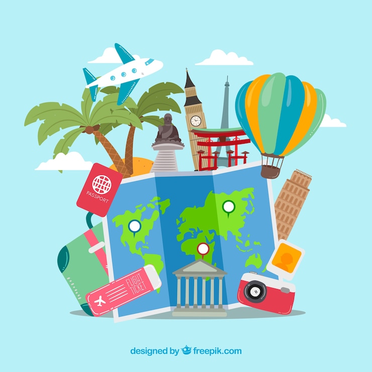 Vector gratuito mapa con elementos de viaje dibujado a mano