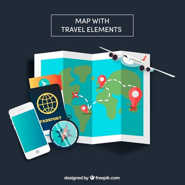 Mapa y elementos de viaje con diseño plano