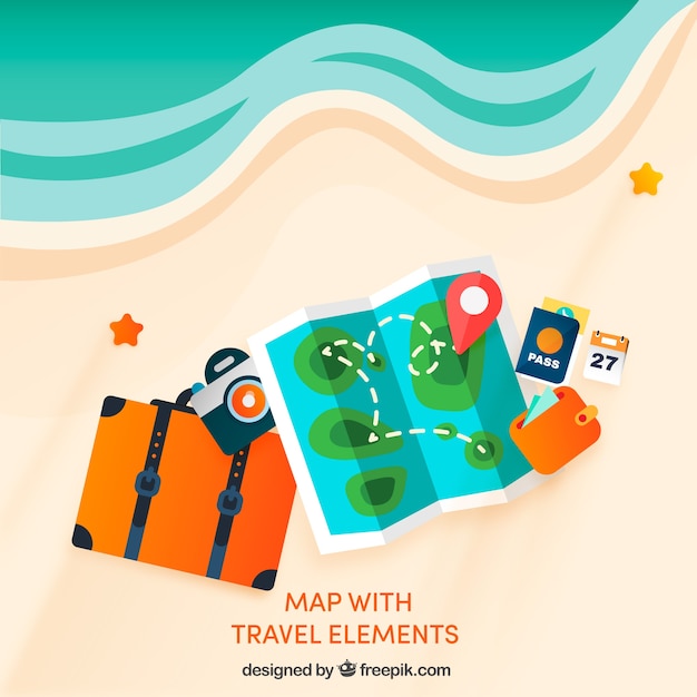 Vector gratuito mapa y elementos de viaje con diseño plano