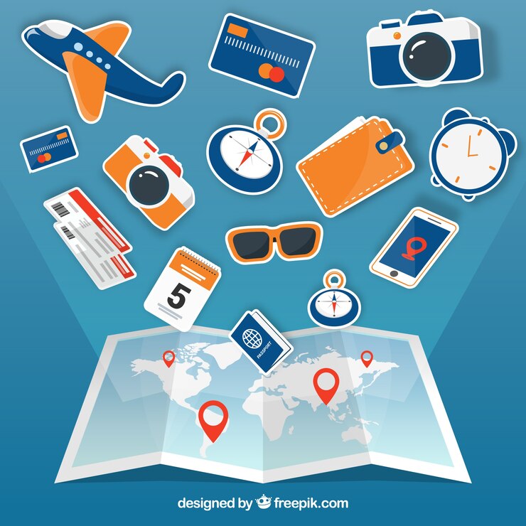 Vector gratuito mapa y elementos de viaje con diseño plano