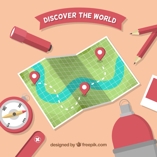 Mapa y elementos de viaje con diseño plano
