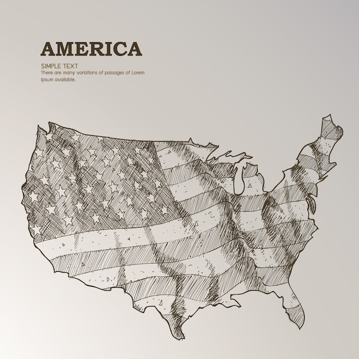 Vector gratuito mapa de estados unidos con la bandera americana dibujado a mano