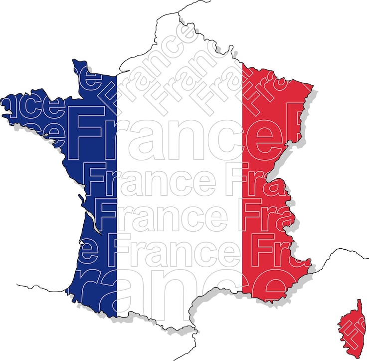 Vector gratuito mapa de francia compuesto por su tierra, el nombre del país y los colores de la bandera nacional.