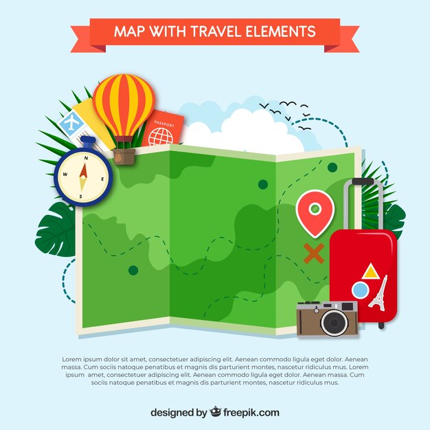 Mapa gracioso y elementos de viaje con diseño plano