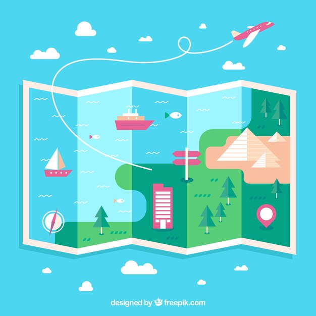 Mapa gracioso y elementos de viaje con diseño plano