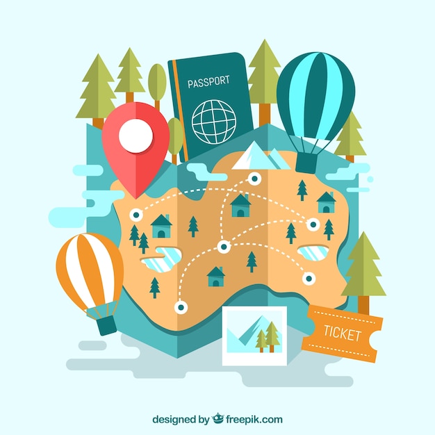 Mapa gracioso y elementos de viaje con diseño plano