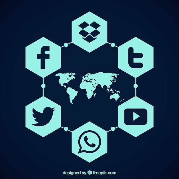 Vector gratuito mapa con iconos hexagonales de social media
