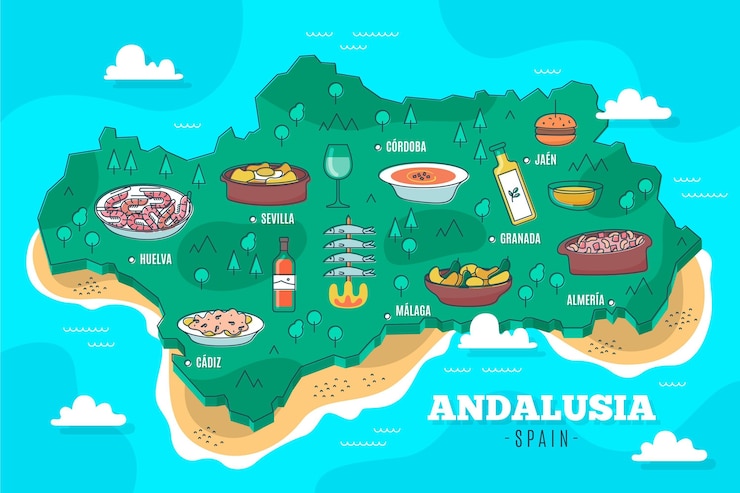 Vector gratuito mapa ilustrado de andalucía con hitos.