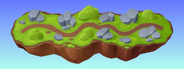 Mapa de la isla para la interfaz de nivel de juego Ilustración de dibujos animados vectoriales de un pedazo de tierra con un camino entre piedras hierba verde y arbustos fondo de fantasía para aventura de búsqueda de tesoros aplicación móvil ui