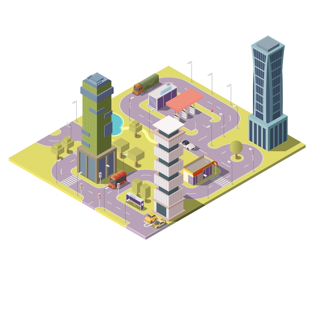 Mapa isométrico 3d de la ciudad con edificios