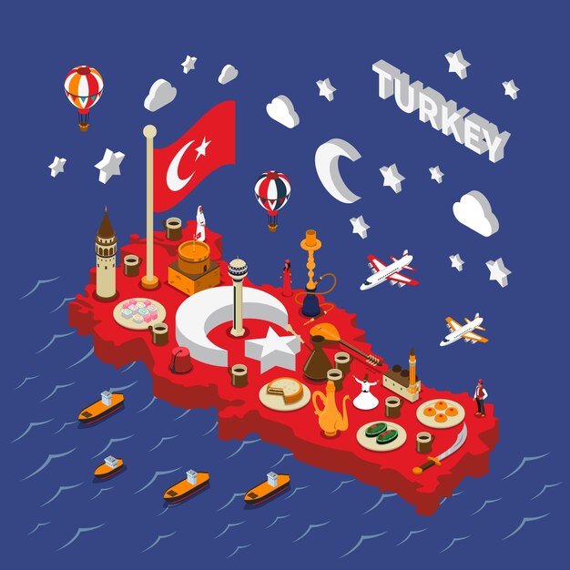 Mapa isométrico de las atracciones turísticas de Turquía