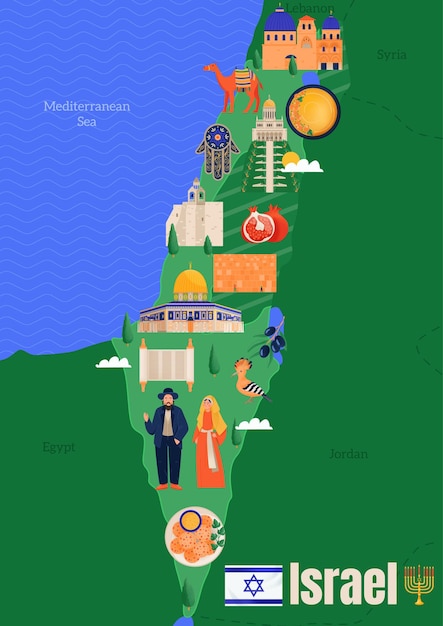 Vector gratuito mapa de israel con monumentos y símbolos culturales ilustración de vector de cartel vertical plano