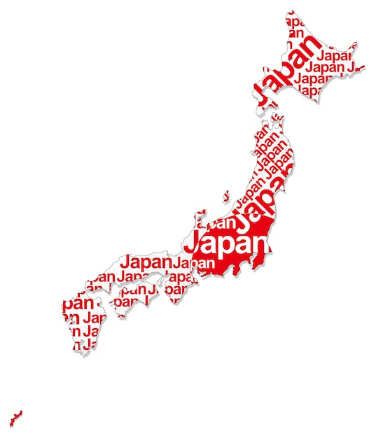 Vector gratuito mapa de japón compuesto por su tierra, el nombre del país y los colores de la bandera nacional.