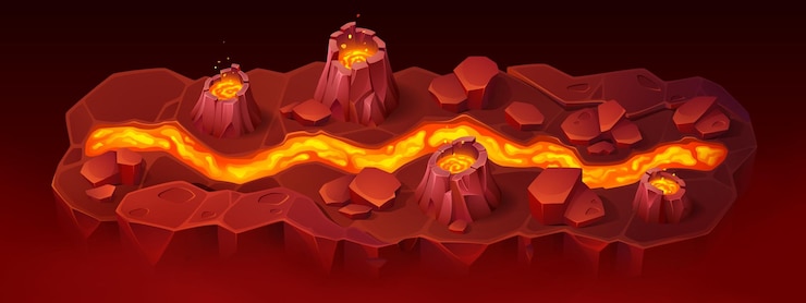 Vector gratuito mapa del juego con un río de lava que fluye entre los cráteres