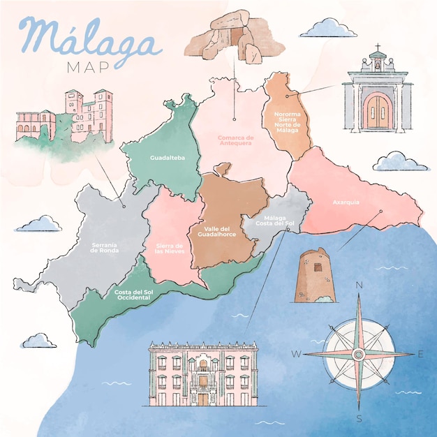 Vector gratuito mapa de málaga pintado a acuarela