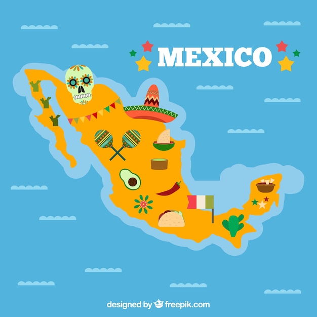 Vector gratuito mapa mexicano con elementos culturales