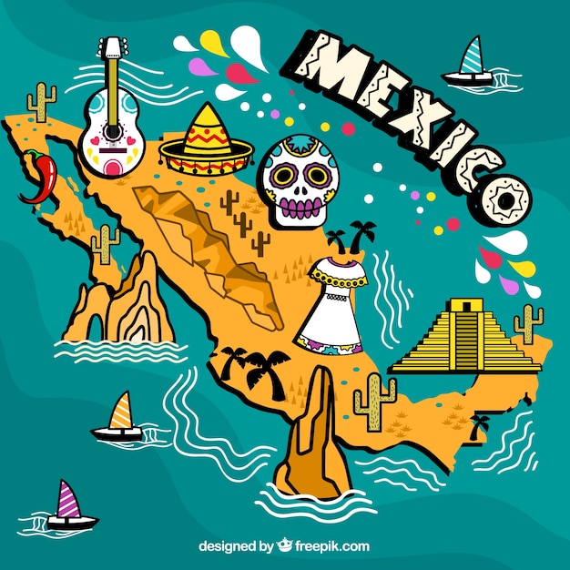 Vector gratuito mapa mexicano con elementos culturales