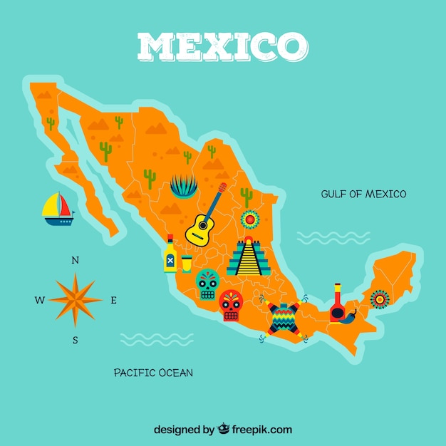 Vector gratuito mapa mexicano con elementos culturales