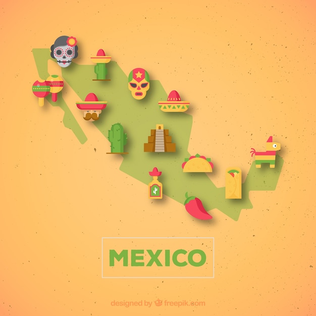 Vector gratuito mapa mexicano con elementos culturales