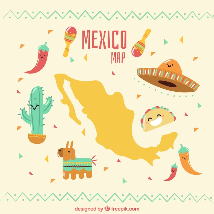 Vector gratuito mapa mexicano con elementos culturales