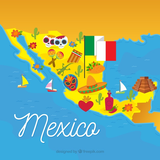 Vector gratuito mapa mexicano con elementos culturales