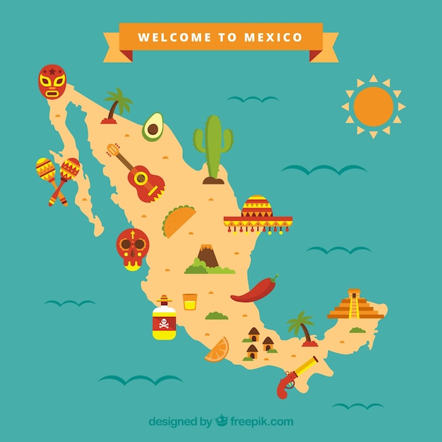 Mapa mexicano con elementos culturales