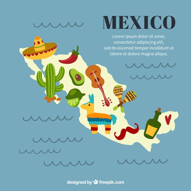 Vector gratuito mapa mexicano con elementos culturales