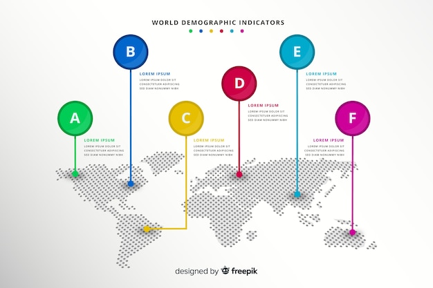 Mapa mundial con puntero marca infografía