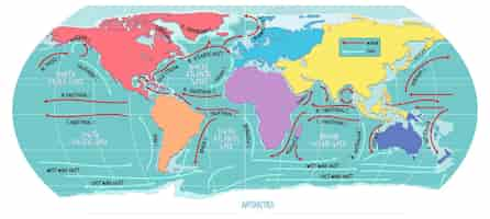 Vector gratuito el mapa del mundo actual del océano con nombres.