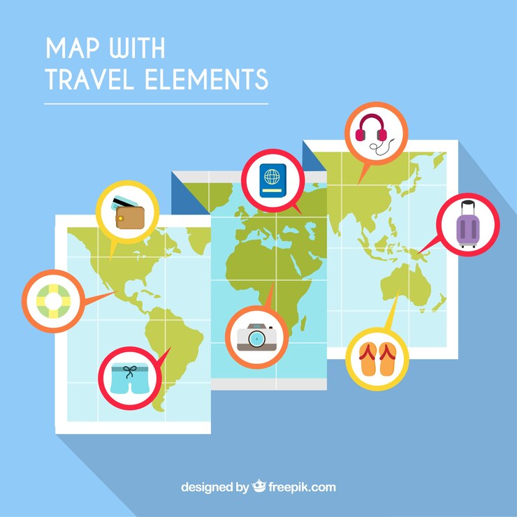 Vector gratuito mapa del mundo y elementos de viaje con diseño plano