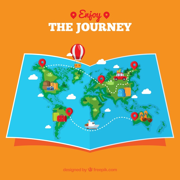 Vector gratuito mapa del mundo y elementos de viaje con diseño plano