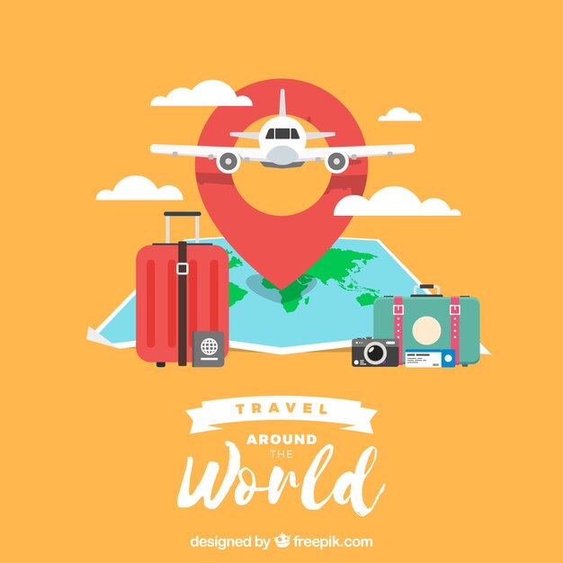 Mapa del mundo y elementos de viaje con diseño plano