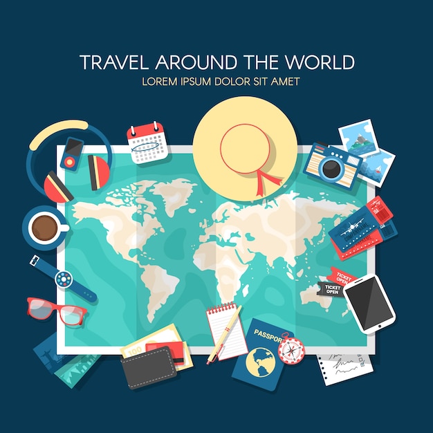 Vector gratuito mapa del mundo y elementos de viaje con diseño plano