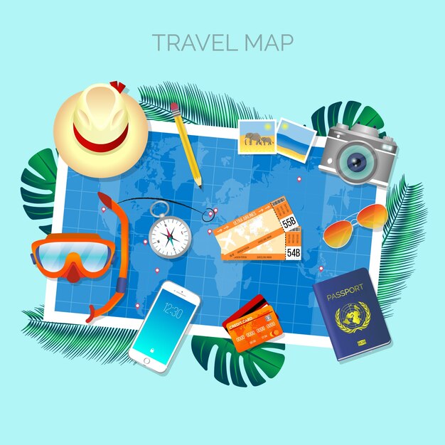 Mapa del mundo y elementos de viaje con diseño plano