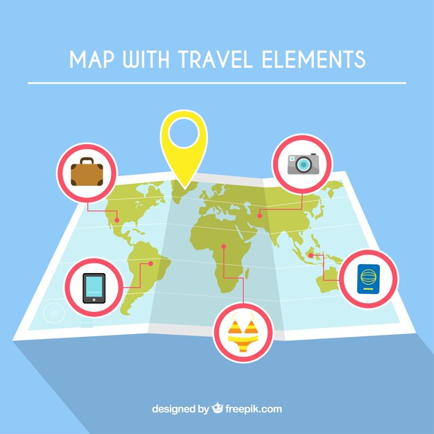 Mapa del mundo y elementos de viaje con diseño plano