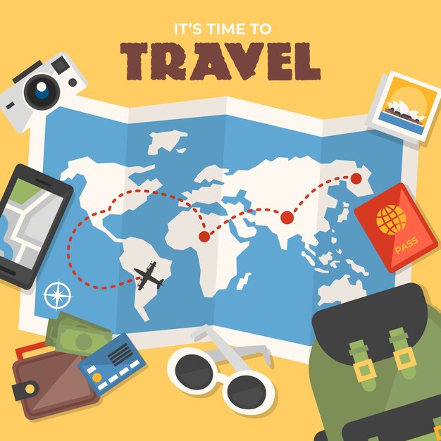 Mapa del mundo y elementos de viaje con diseño plano