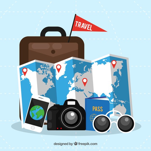 Mapa del mundo y elementos de viaje con diseño plano