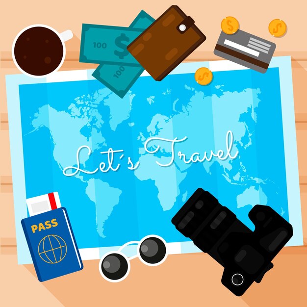 Mapa del mundo y elementos de viaje con diseño plano