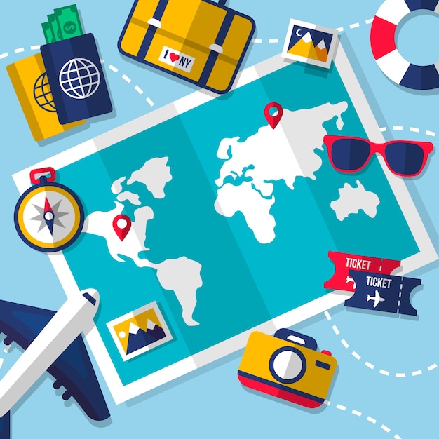 Mapa del mundo y elementos de viaje con diseño plano