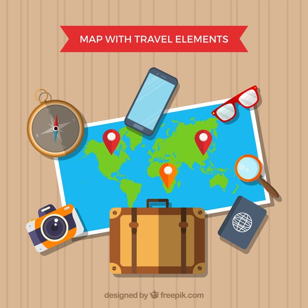 Mapa del mundo y elementos de viaje con diseño plano