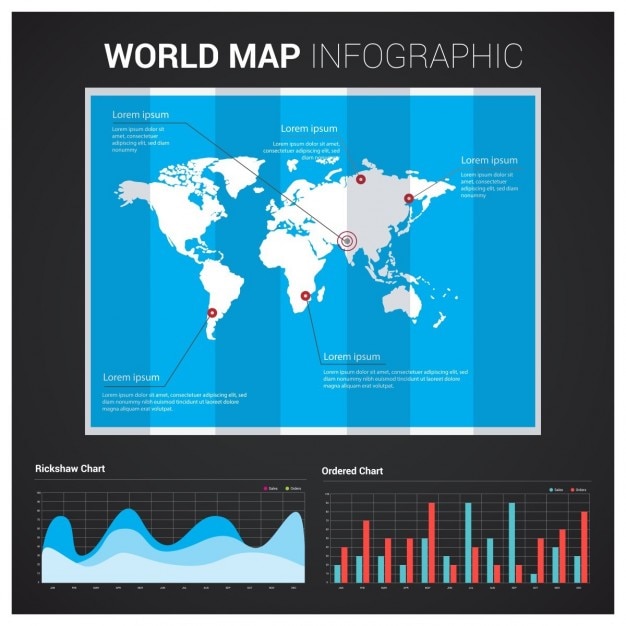Mapa del mundo infográfico con gráficas