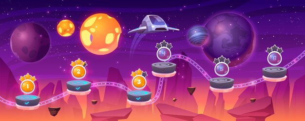 Mapa de nivel de juego espacial con nave espacial y planetas alienígenas, paisaje de dibujos animados 2d con interfaz gráfica de usuario, computadora o sala de juegos móvil con plataforma y elementos de bonificación. Cosmos, universo ilustración de fondo futurista