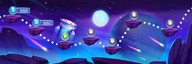 Mapa de nivel de juego espacial con ovni en planeta alienígena