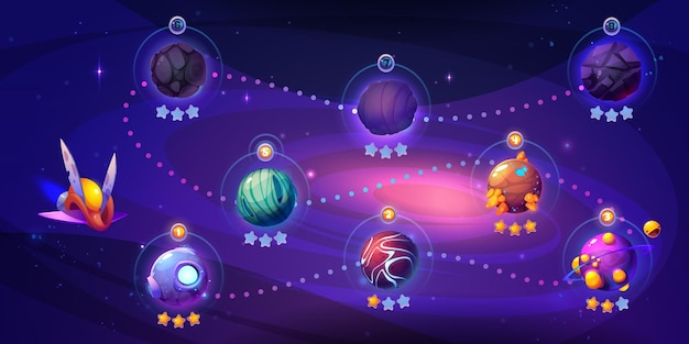 Mapa de nivel de juego espacial con planetas alienígenas.