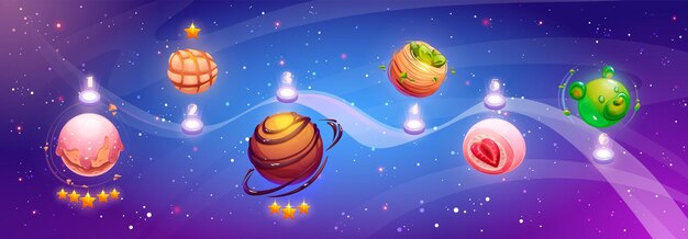 Mapa de nivel de juego espacial ui con planetas de postre dulce imaginarios en el camino Ilustración vectorial de dibujos animados de la ruta del juego con pasos marcados con orbes cósmicos alienígenas mágicos que parecen dulces y pasteles