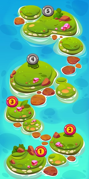Mapa de nivel de juego con islas verdes en el mar e íconos